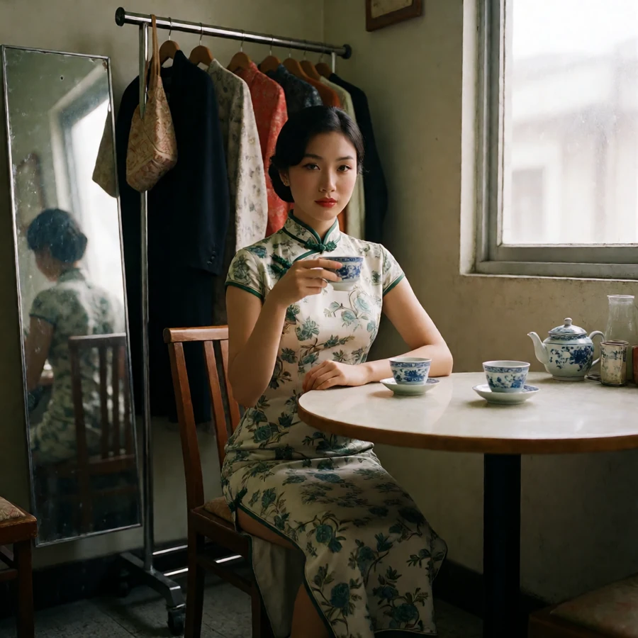 成年复古女主在1970年代香港茶楼包间穿完整遮盖的复古旗袍，端着茶杯坐在圆桌旁，属于伦理片在线观看的《风月奇谭》栏目