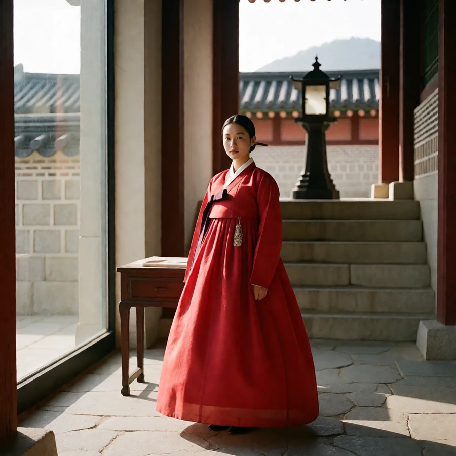 成年宫廷女主在高丽王宫回廊穿完整遮盖的红色宫廷韩服，提灯站在石阶与宫门之间，属于伦理片在线观看的《霜花店》的经典情色看点栏目