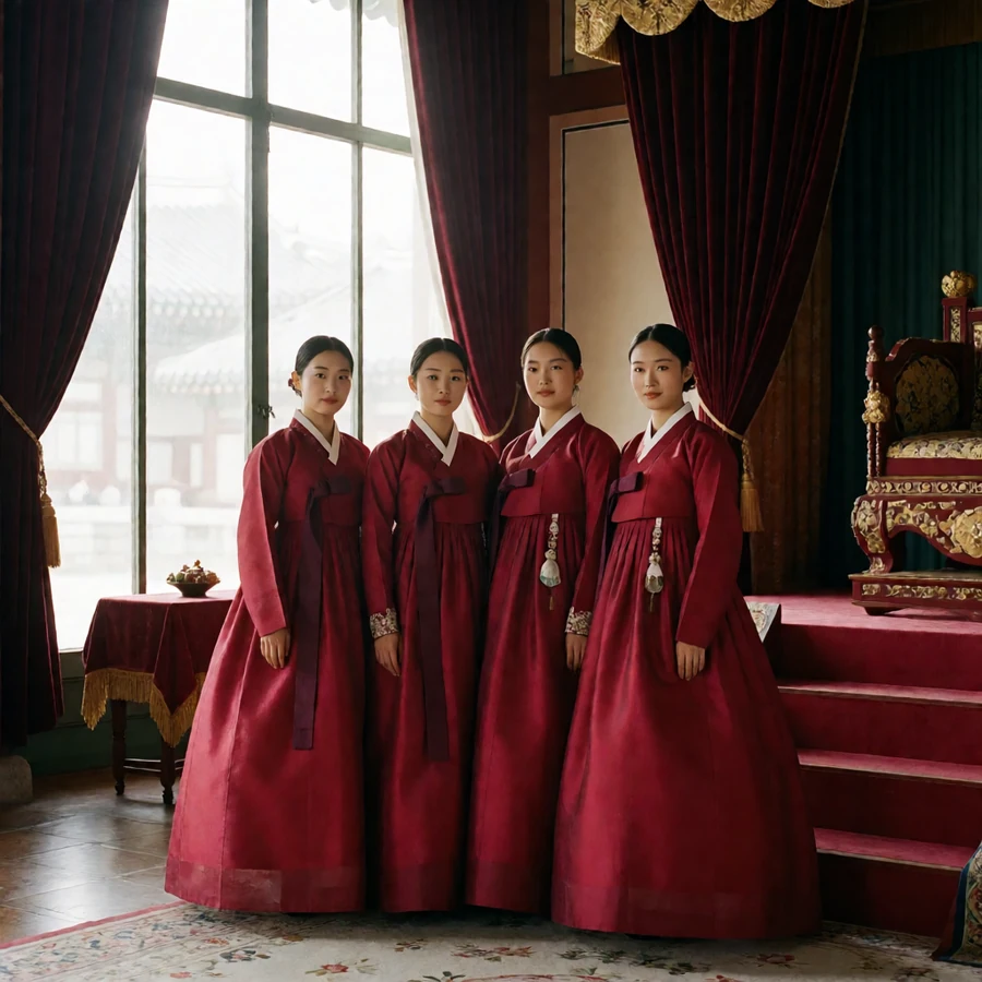 成年宫廷女主在朝鲜王宫内殿穿完整遮盖的深红宫廷韩服，站在帷幔与王座台阶之间，属于伦理片在线观看的《后宫：帝王之妾》的欲望故事看点栏目
