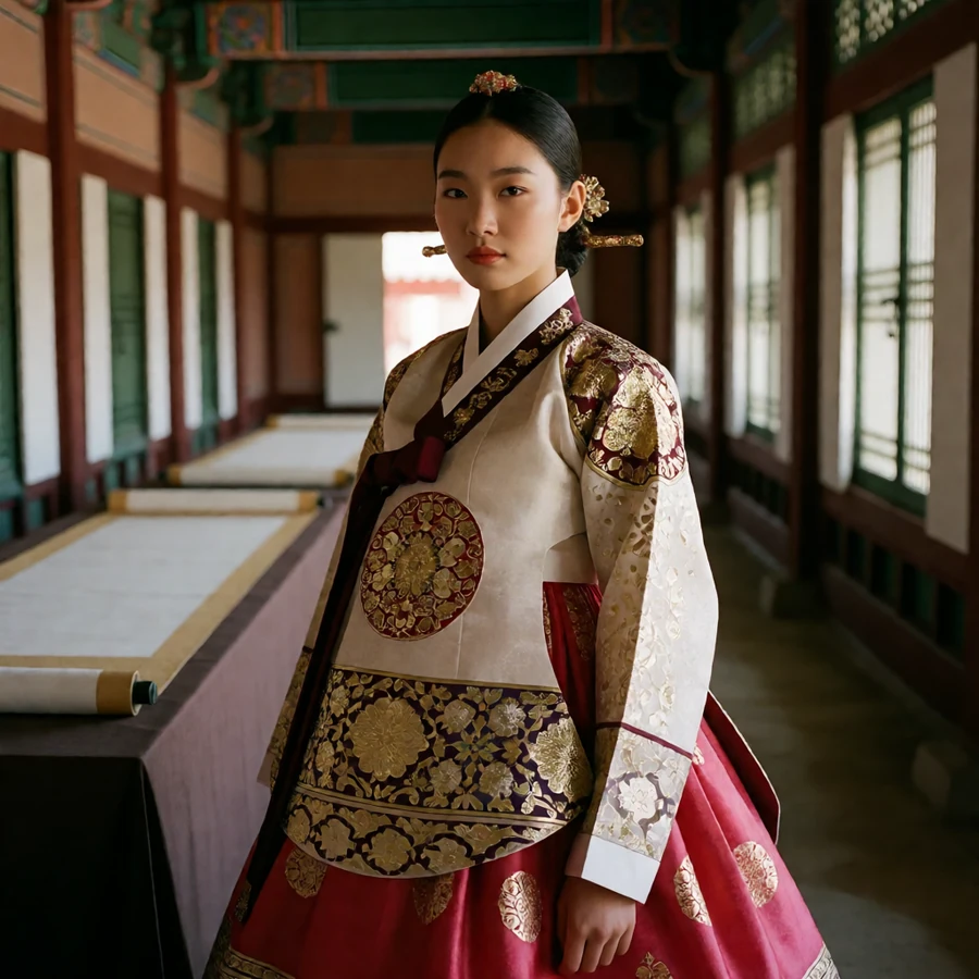 成年宫廷女主在朝鲜宫廷选拔厅穿完整遮盖的华丽韩服，站在长廊中央面对宫门，属于伦理片在线观看的《奸臣》的经典情色看点栏目