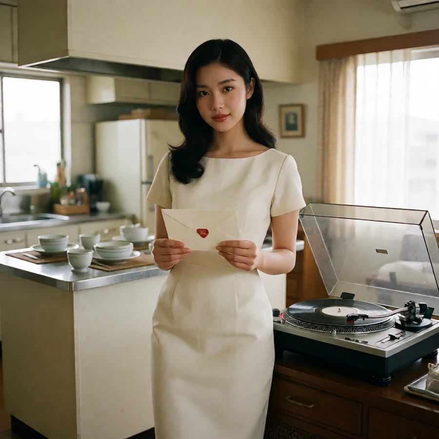 成年军官夫人在1960年代军官住宅客厅穿完整遮盖的复古修身连衣裙，站在唱机旁握着一封信，属于伦理片在线观看的《人间中毒》的亚洲伦理片看点栏目