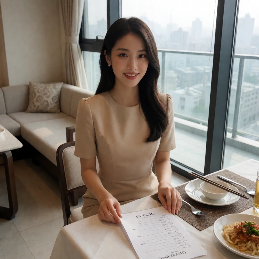 成年已婚女主在1990年代首尔公寓餐厅穿完整遮盖的米色修身连衣裙，在餐桌旁放下婚礼清单，属于伦理片在线观看的《情事》的欲望故事看点栏目