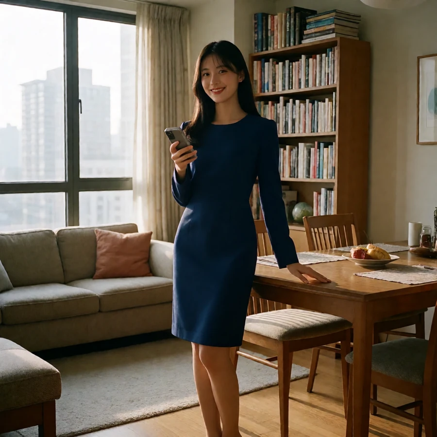 成年职场女主在1990年代都市公寓穿完整遮盖的深蓝职业连衣裙，在书架与餐桌之间握着手机，属于伦理片在线观看的《快乐到死》的经典情色看点栏目