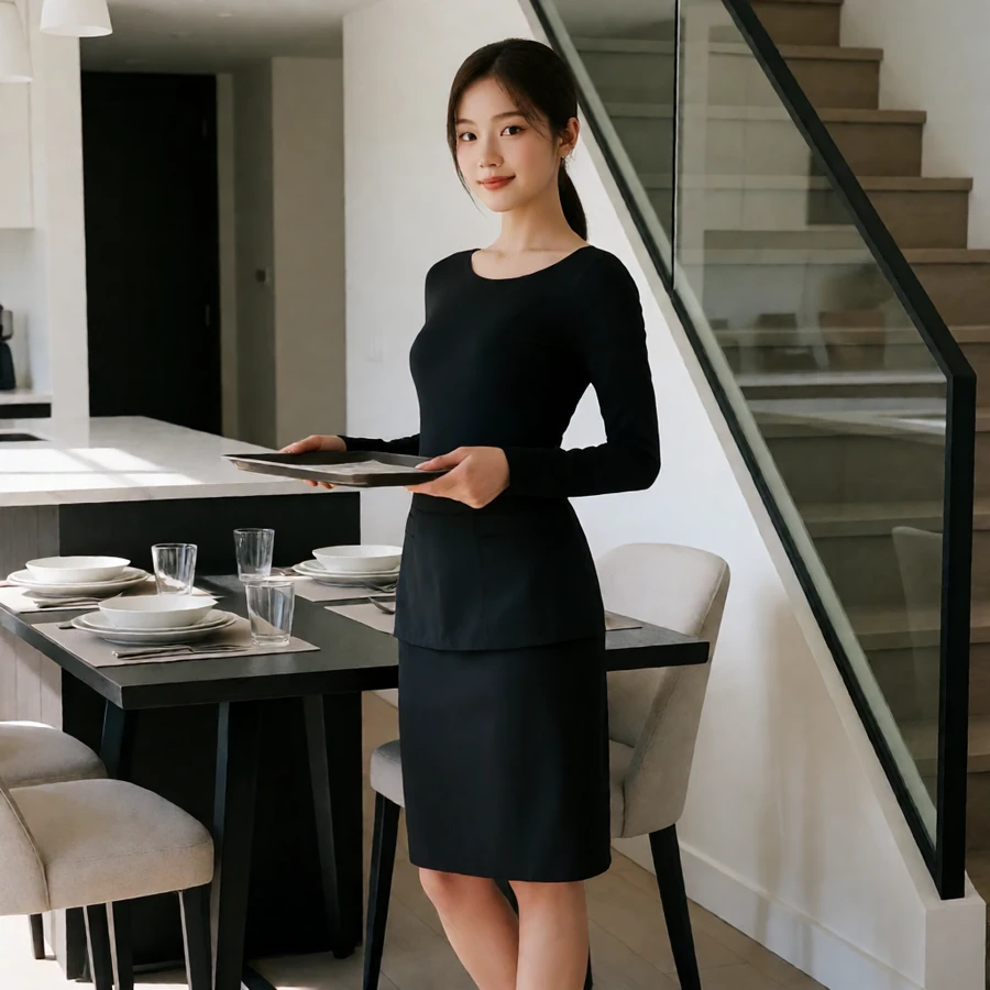 成年家政女工在现代豪宅开放式厨房穿完整遮盖的黑白家政制服与及膝裙，端着餐盘站在楼梯与餐桌之间，属于伦理片在线观看的《下女》的亚洲伦理片看点栏目
